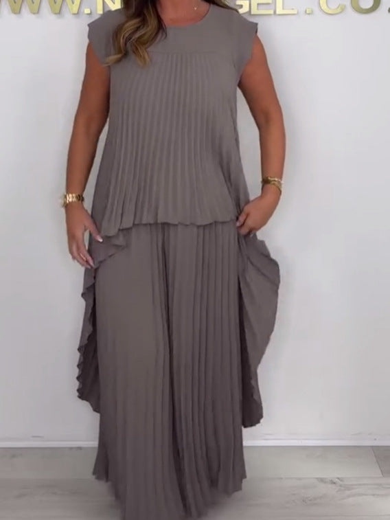 Laney™ – Pleated Top & Elastic Waist Wide-Leg Pants Set