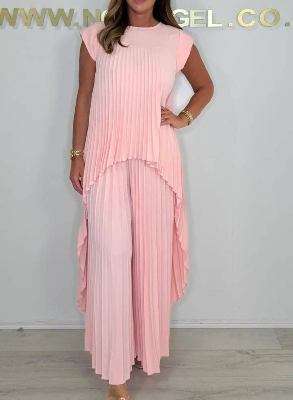 Laney™ – Pleated Top & Elastic Waist Wide-Leg Pants Set