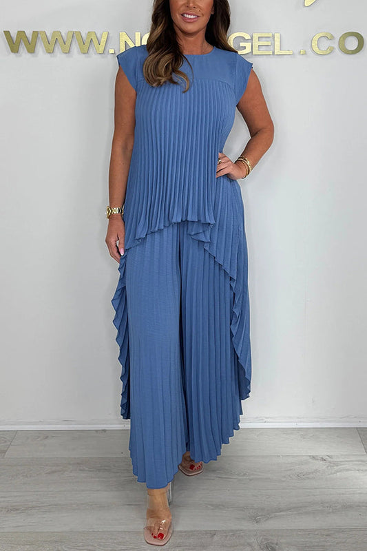 Laney™ – Pleated Top & Elastic Waist Wide-Leg Pants Set