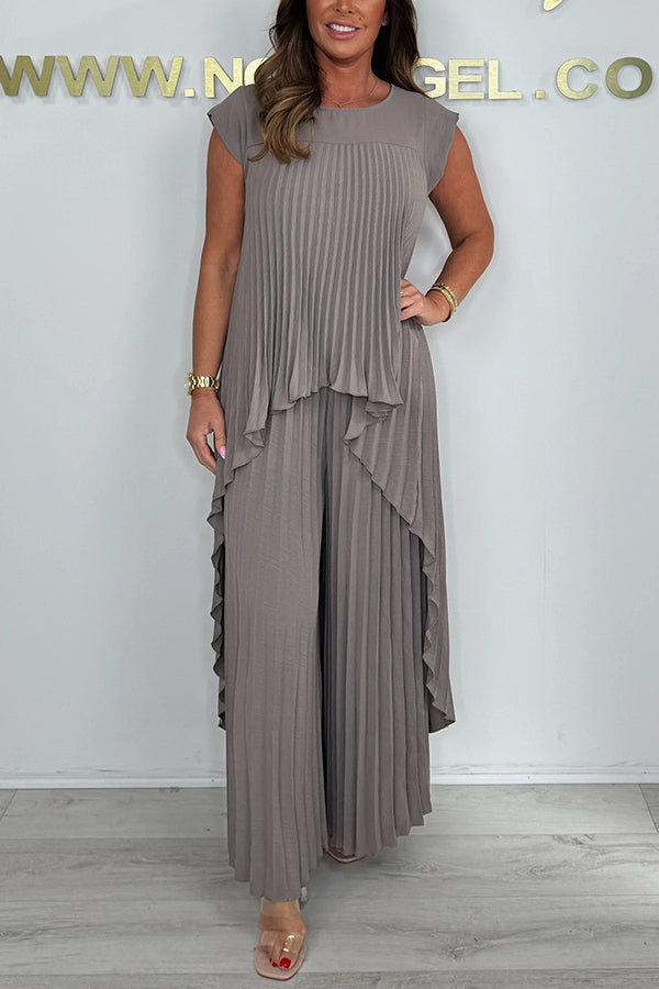 Laney™ – Pleated Top & Elastic Waist Wide-Leg Pants Set