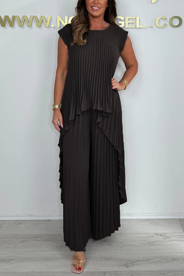 Laney™ – Pleated Top & Elastic Waist Wide-Leg Pants Set