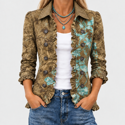 Sundara™ - Vintage Floral Ruffle Jacket with Boho Gradient Design