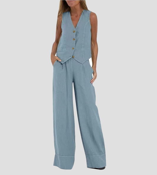 Aira™ – Buttoned Vest &amp; Wide-Leg Trousers Set